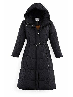 Women's Long Black Down Puffer Coat Size Medium NWT- Hooded Belted - Gentle Herd
